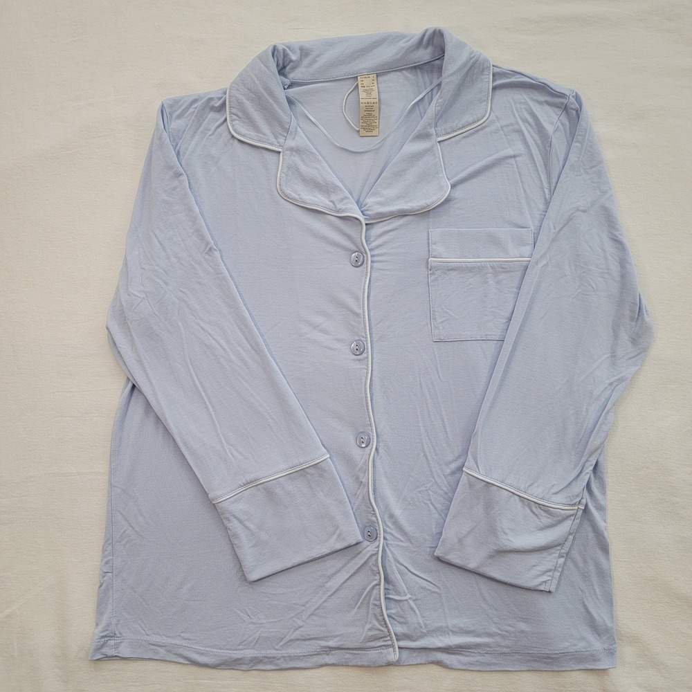 Womens Light Blue Pajama Set Long Sleeve Button Down Pants Piping Sleepwear XL - Picture 3 of 11